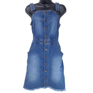 Wax Jean Button Front Denim Overall Mini Dress M Wash Blue Pinafore Raw Hem Y2K